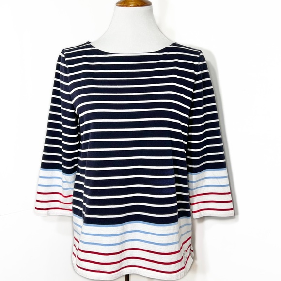 Talbots Nautical 3/4 Sleeve Boatneck Tee, Navy Blue Red White Striped , Petite - Picture 6 of 10